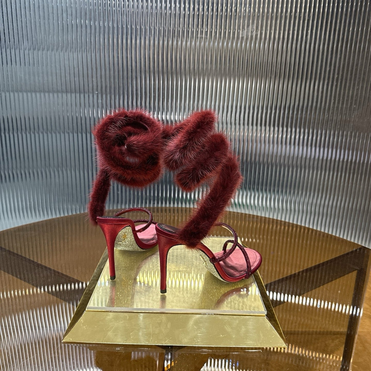 BURGUNDY FUR SPIRAL STILETTO HEELS
