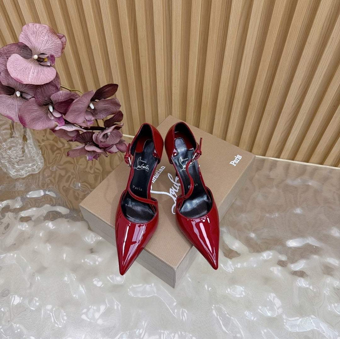 RED PATENT STRAP POINTED HEELS