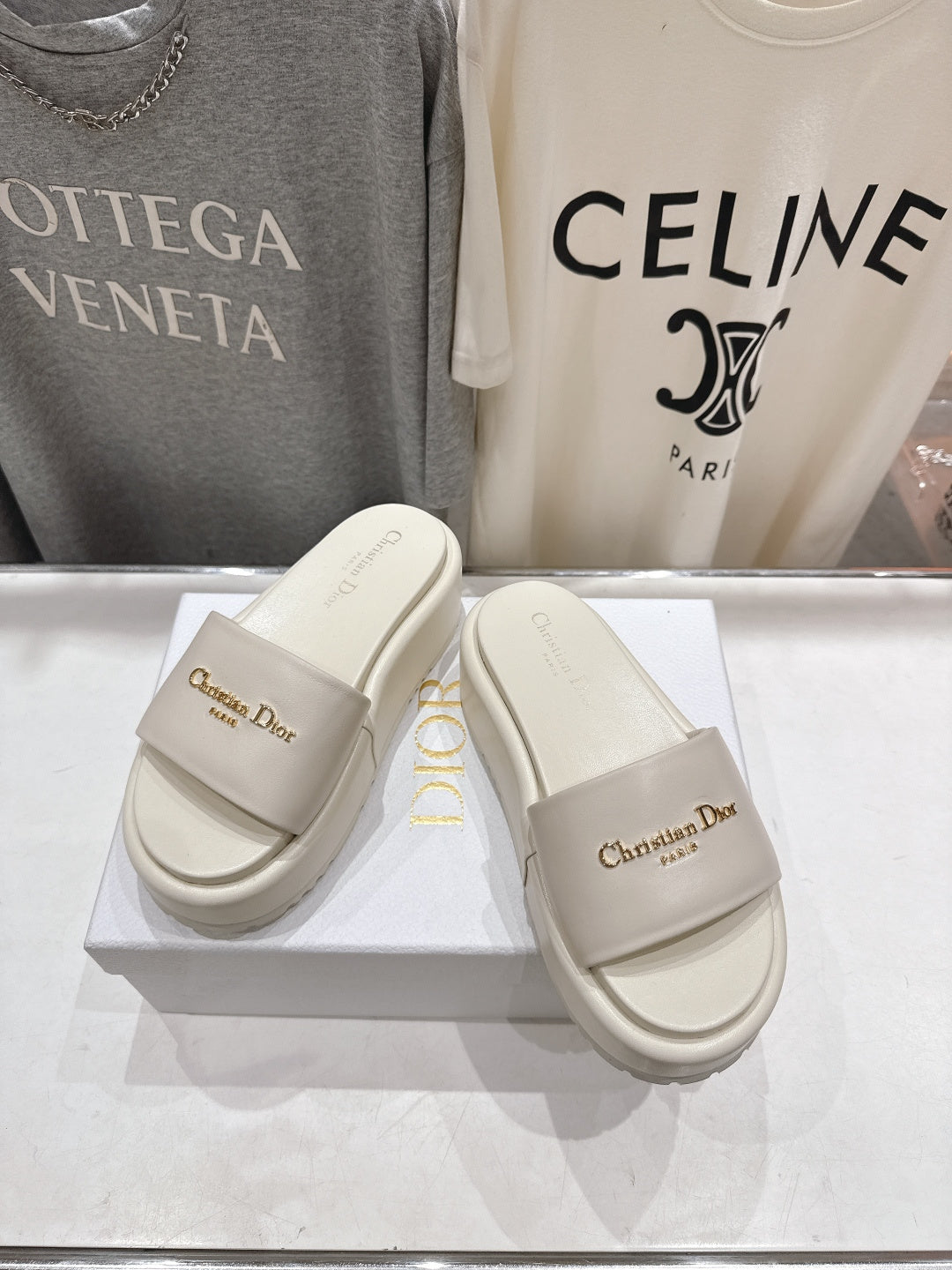 CREAM PLATFORM LOGO SLIDE SANDALS