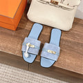 SKY BLUE SUEDE BUCKLE SLIDE SANDALS