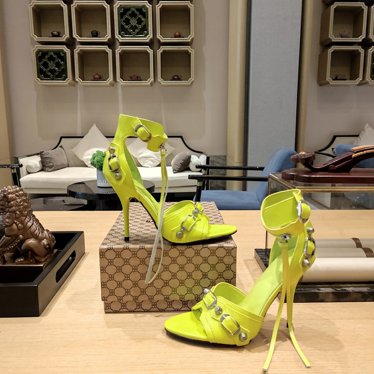 NEON GREEN BUCKLE STRAP HIGH HEEL SANDALS