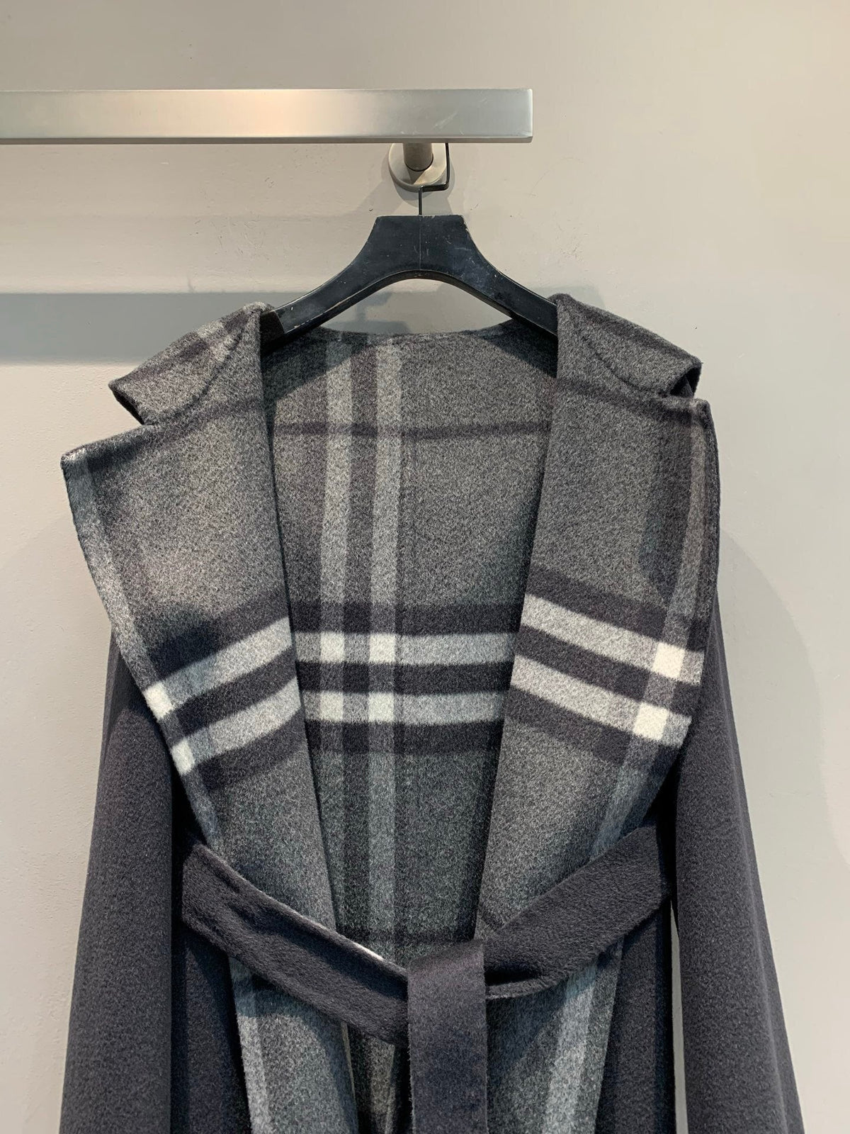 CHECK PANEL BELTED HOODED COAT