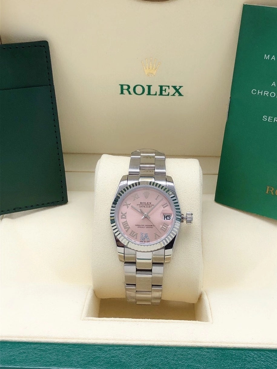 PINK DIAL STAINLESS STEEL DATE WATCH WITH FLUTED BEZEL