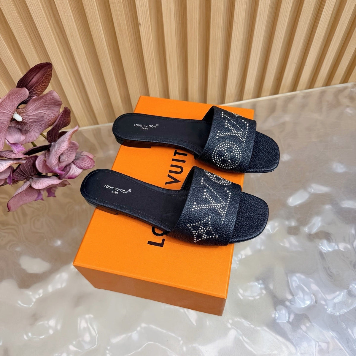 BLACK MONOGRAM STUDDED DESIGNER SLIDES
