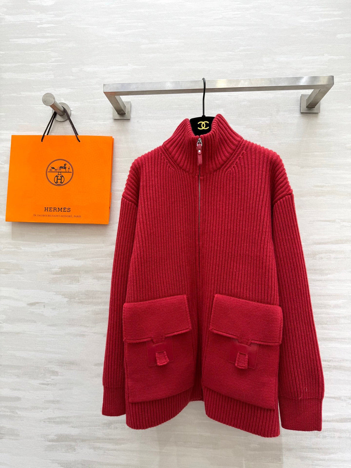 RIBBED ZIP-UP KNIT JACKET WITH FRONT PATCH POCKETS