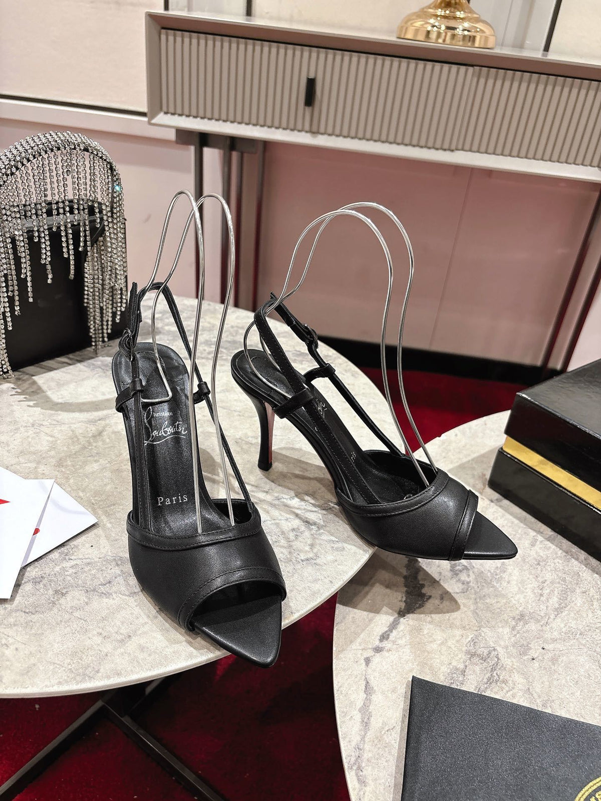 BLACK LEATHER STRAPPY OPEN-TOE SLINGBACK HEELS