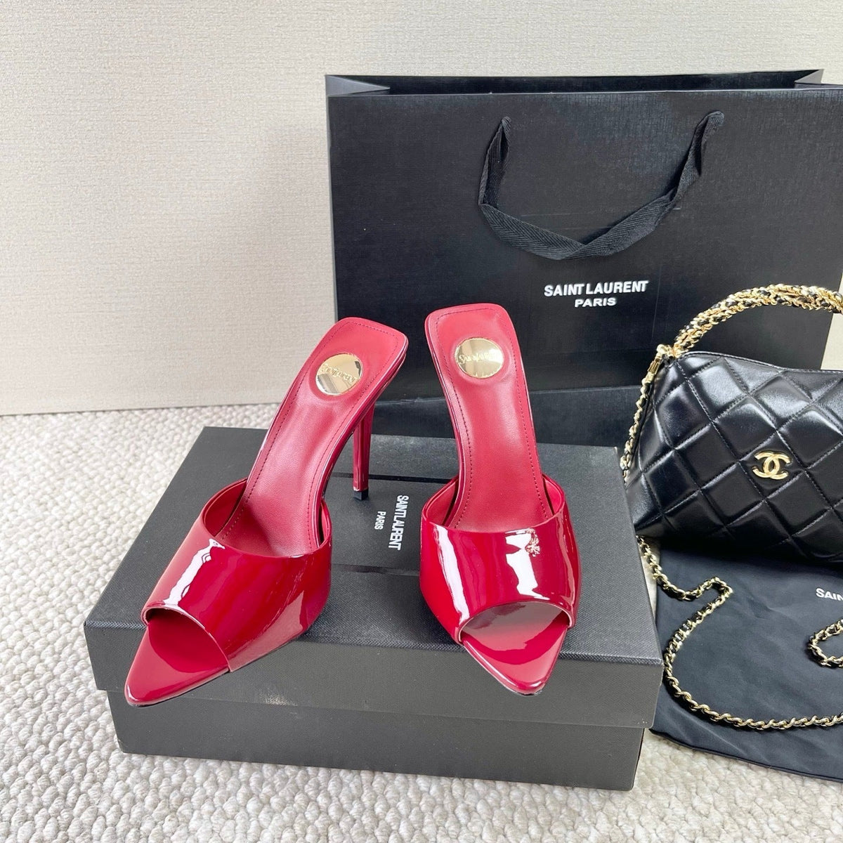 RED PATENT OPEN-TOE MULE HEELS