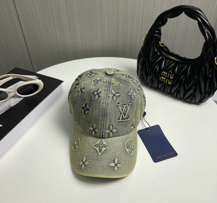 VINTAGE WASH DENIM BASEBALL CAP WITH EMBOSSED PATTERN