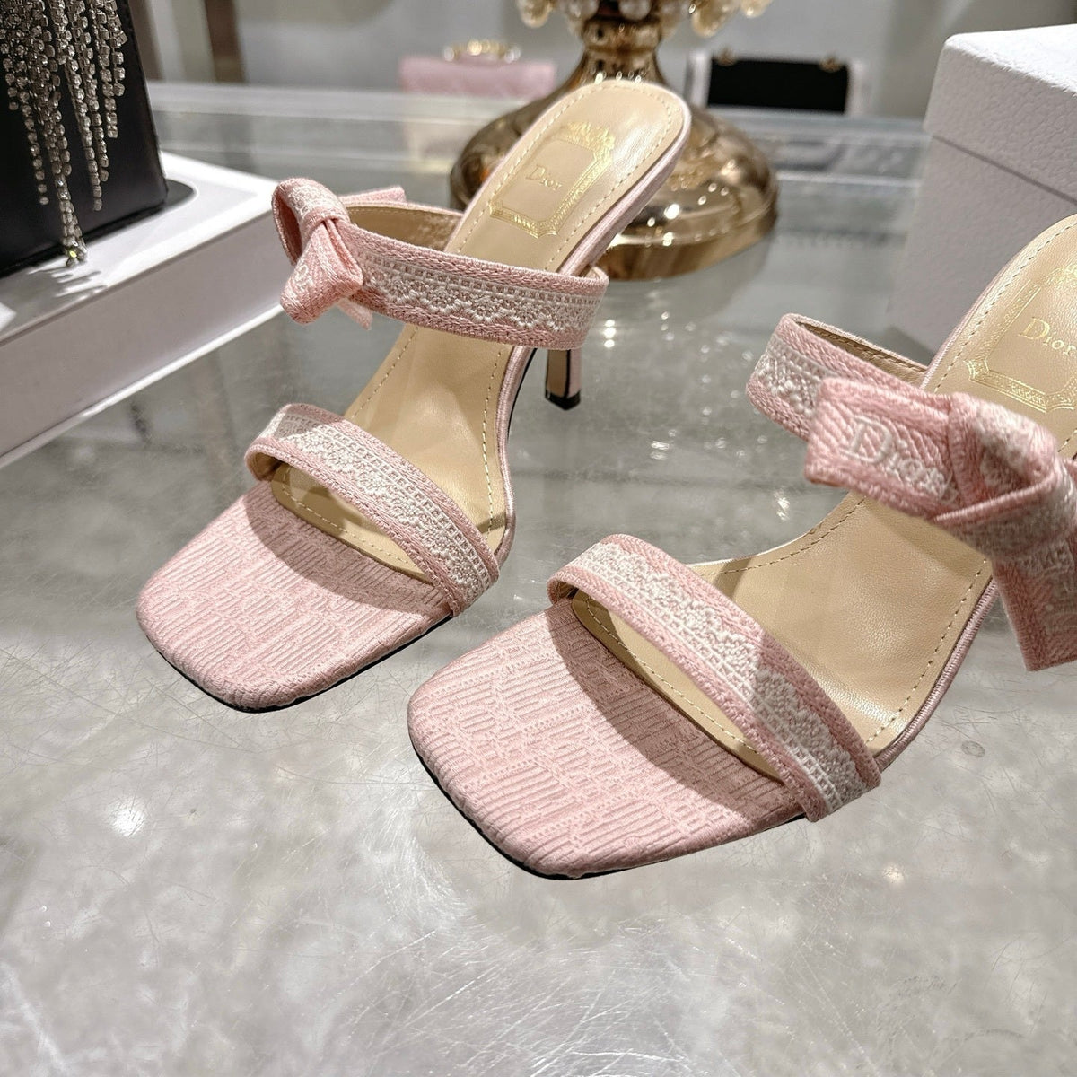 BOW-DETAIL JACQUARD HEELED MULE SANDALS