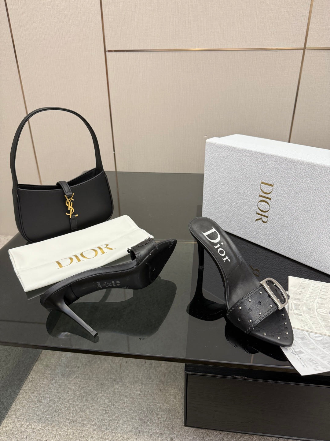 BLACK STUDDED LOGO MULE HEELS