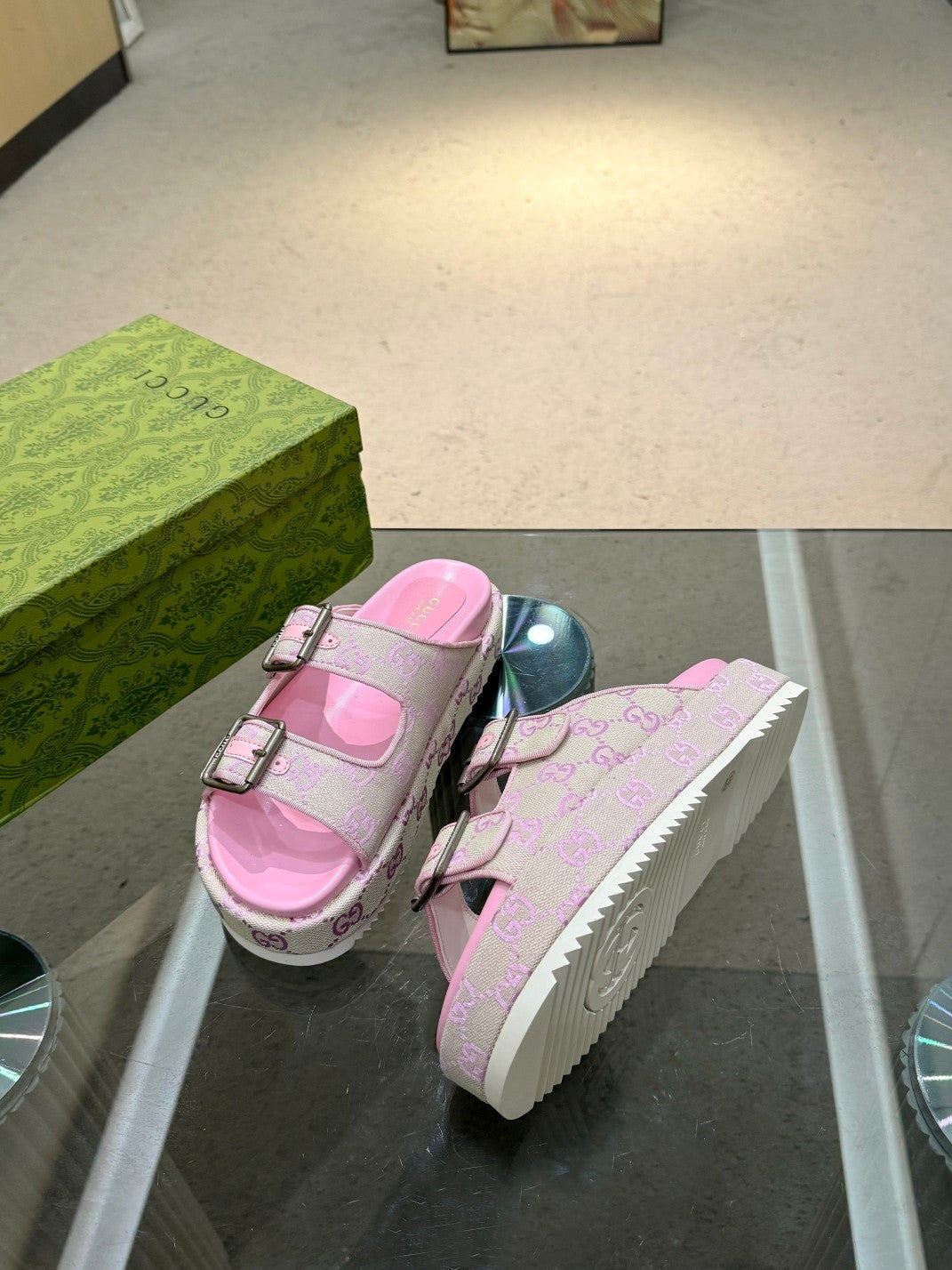 PINK MONOGRAM DOUBLE-STRAP PLATFORM SANDALS