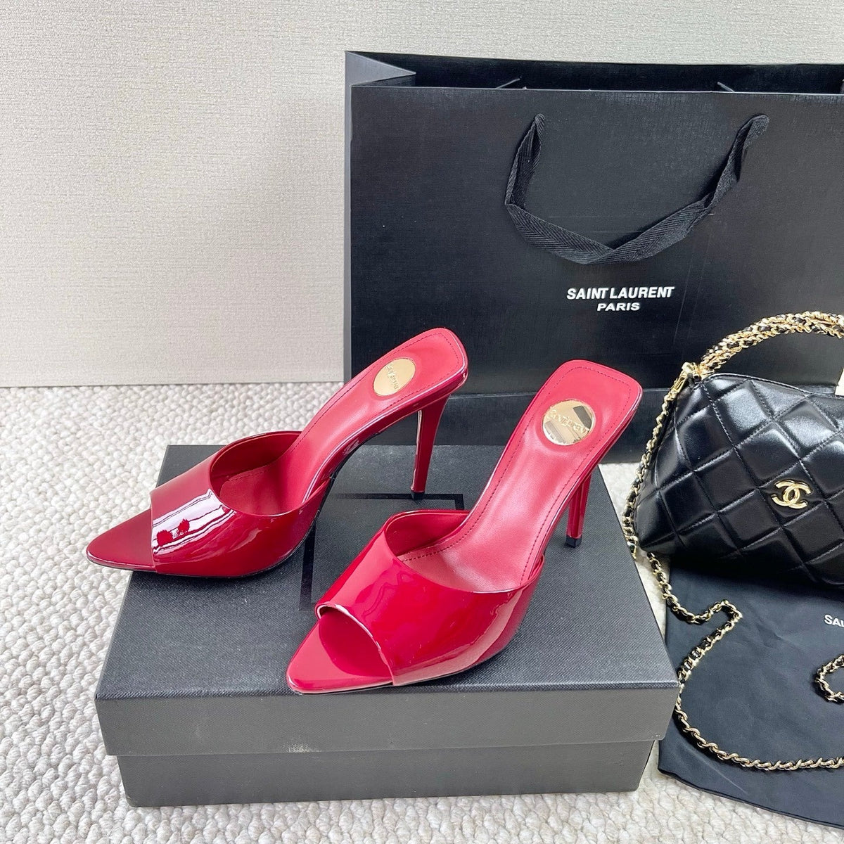 RED PATENT OPEN-TOE MULE HEELS