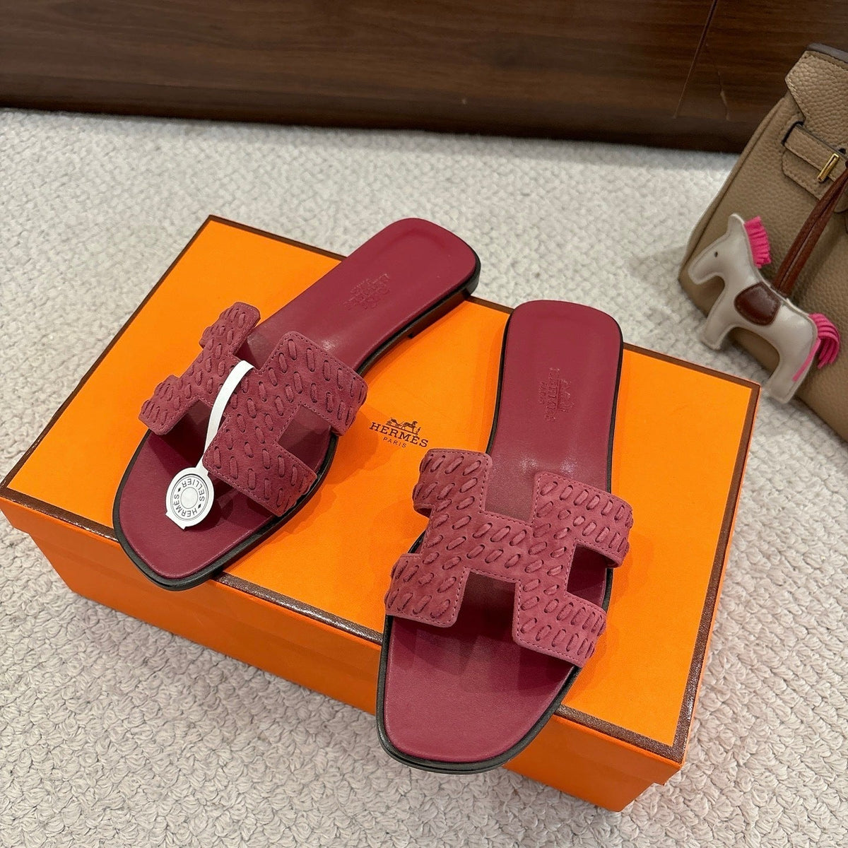 BURGUNDY SUEDE SLIDE SANDALS
