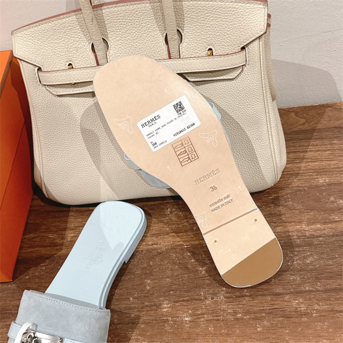 PASTEL BLUE SUEDE BUCKLE SLIDE SANDALS