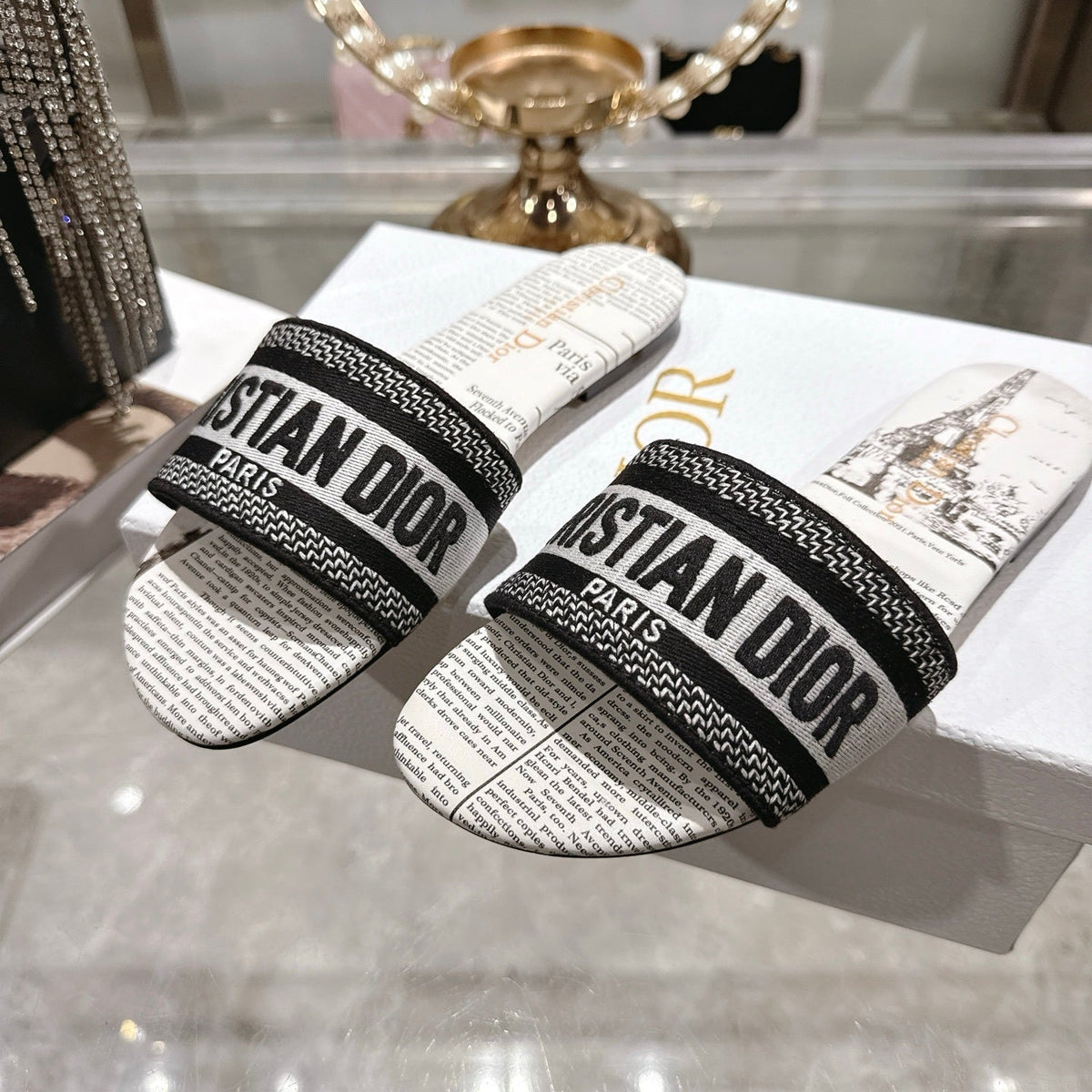 PARIS PRINT LOGO STRAP SLIDE SANDALS