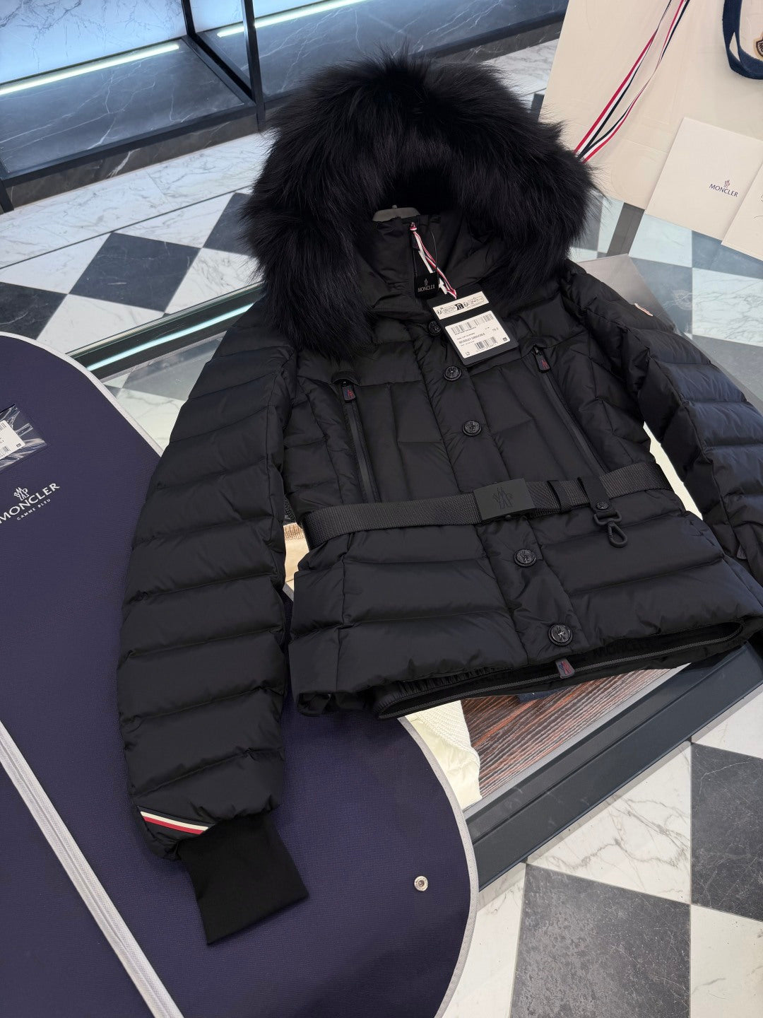 FUR HOODED BELTED PUFFER DOWN JACKET