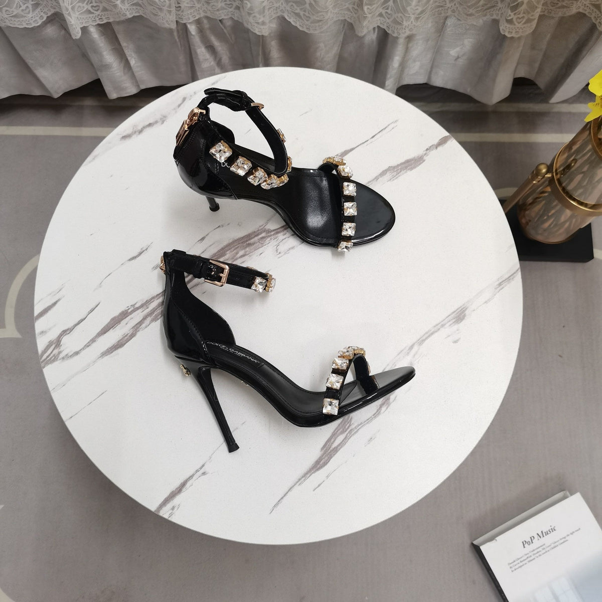 BLACK STRAPPY HEEL SANDALS WITH CRYSTAL EMBELLISHMENTS