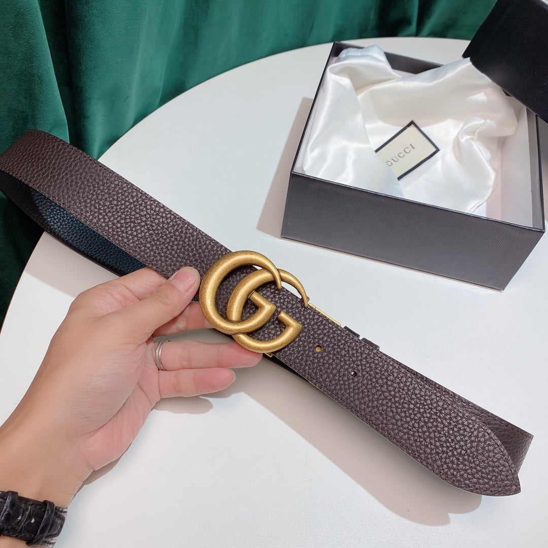 BROWN GRAINED LEATHER BELT WITH ANTIQUE GOLD DOUBLE G BUCKLE