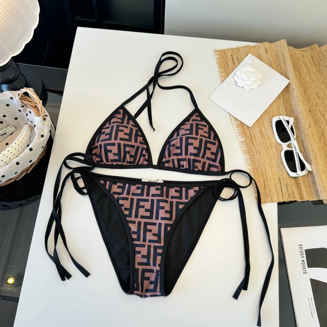 BROWN MONOGRAM TRIANGLE STRING BIKINI SET