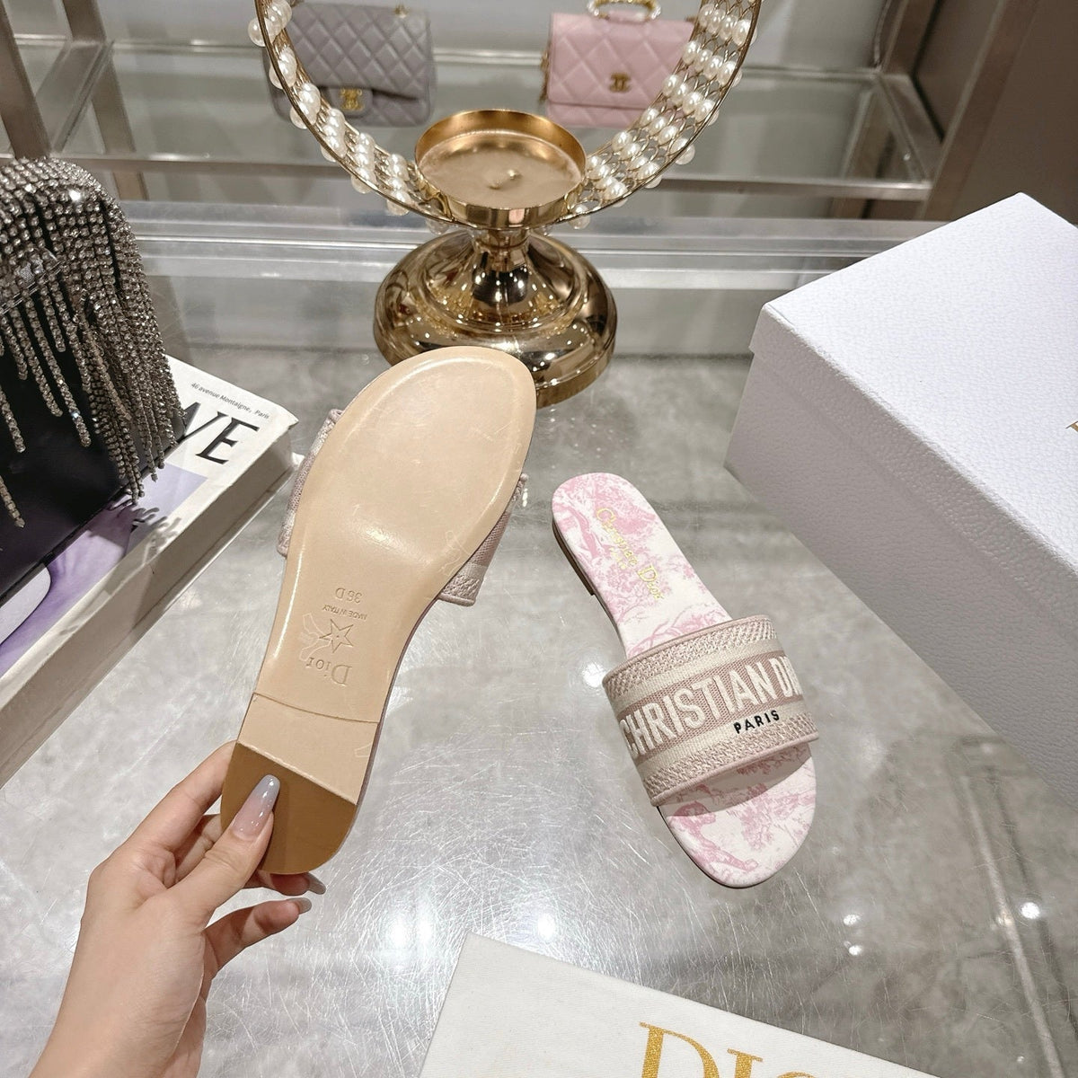 TOILE PRINT LOGO FLAT SLIDES – BLUSH PINK