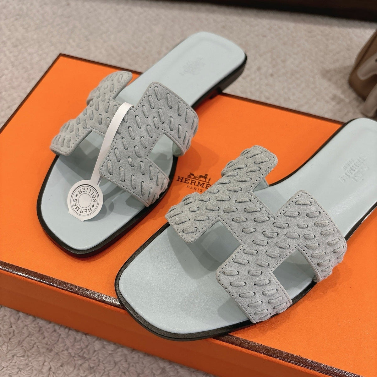 PASTEL BLUE SUEDE SLIDE SANDALS
