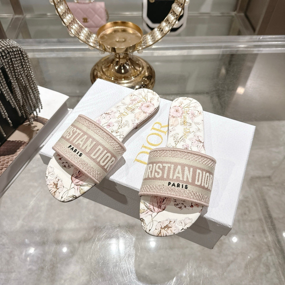 FLORAL PRINT LOGO STRAP SLIDE SANDALS