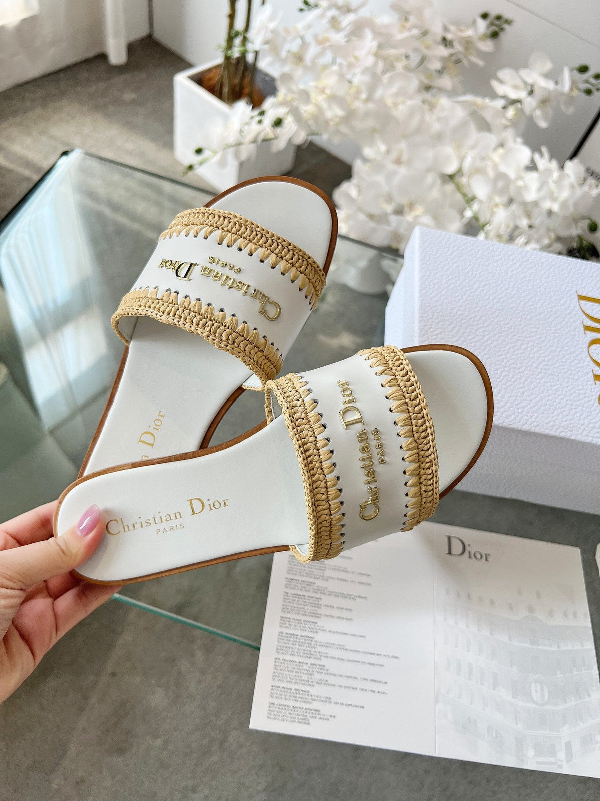 WHITE WOVEN LOGO STRAP FLAT SLIDES