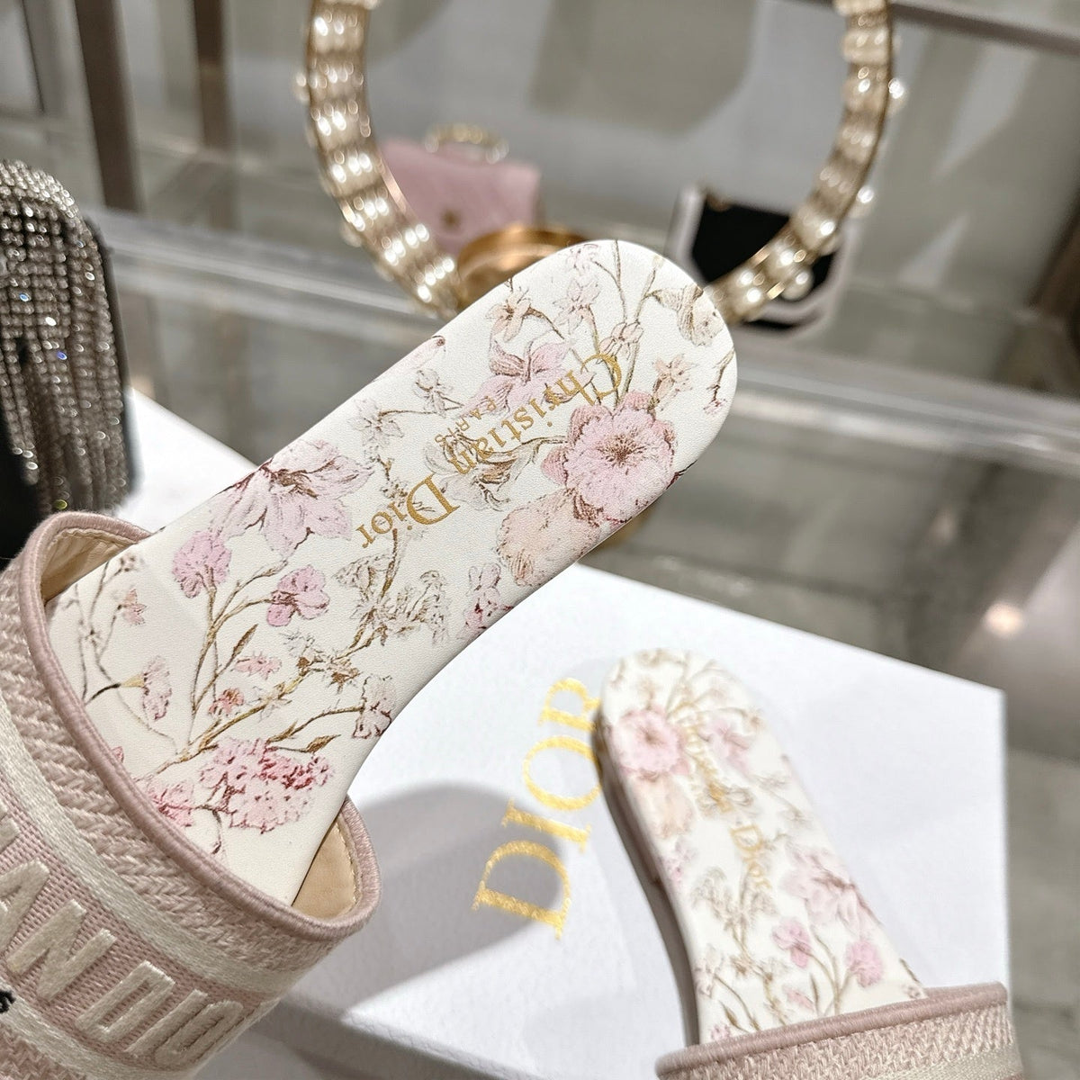 FLORAL PRINT LOGO STRAP SLIDE SANDALS