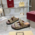 BEIGE MONOGRAM DOUBLE STRAP SANDALS