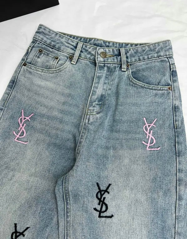 MULTI-COLOR LOGO EMBROIDERED STRAIGHT LEG JEANS