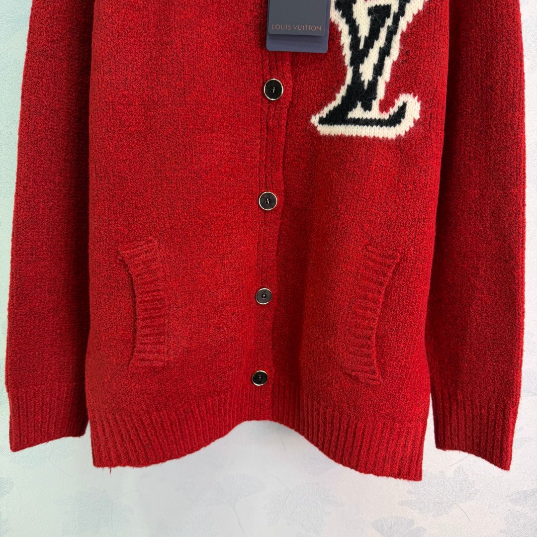 BUTTON-UP KNIT CARDIGAN WITH CONTRAST PATCH DETAIL