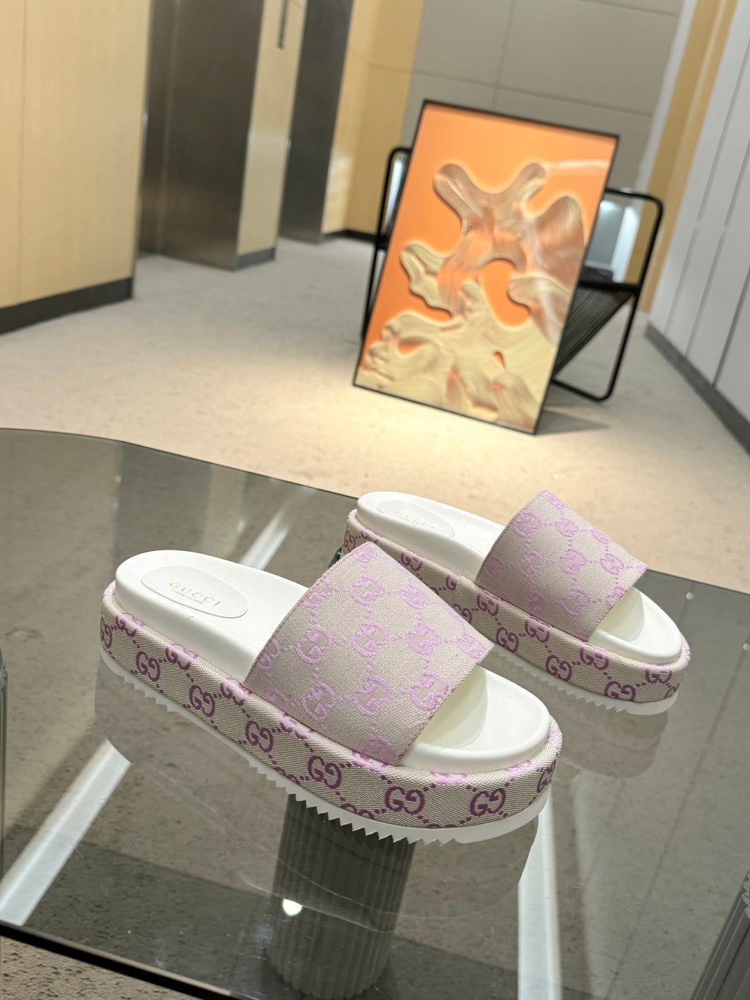 PASTEL MONOGRAM PLATFORM SLIDE SANDALS