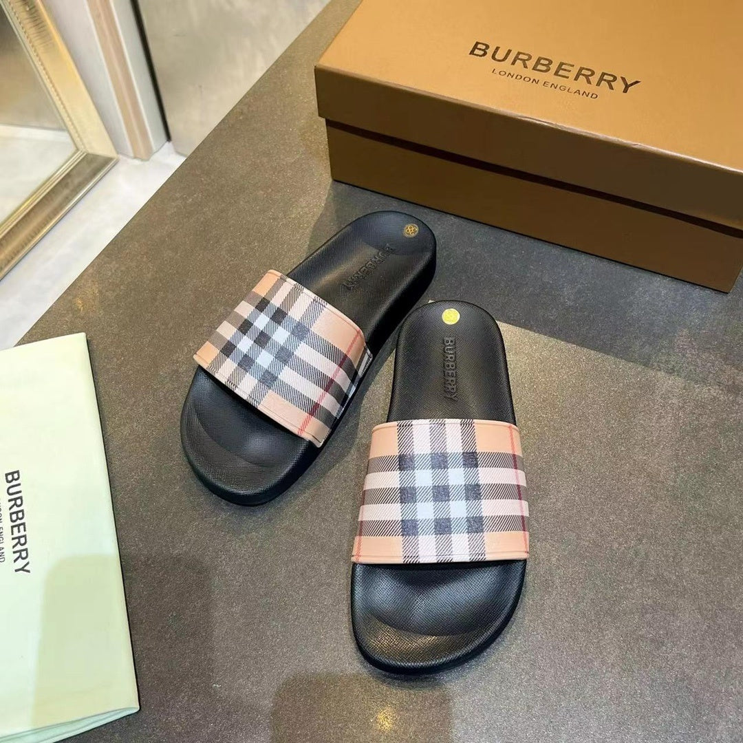 BEIGE CHECK PRINT SLIDE SANDALS