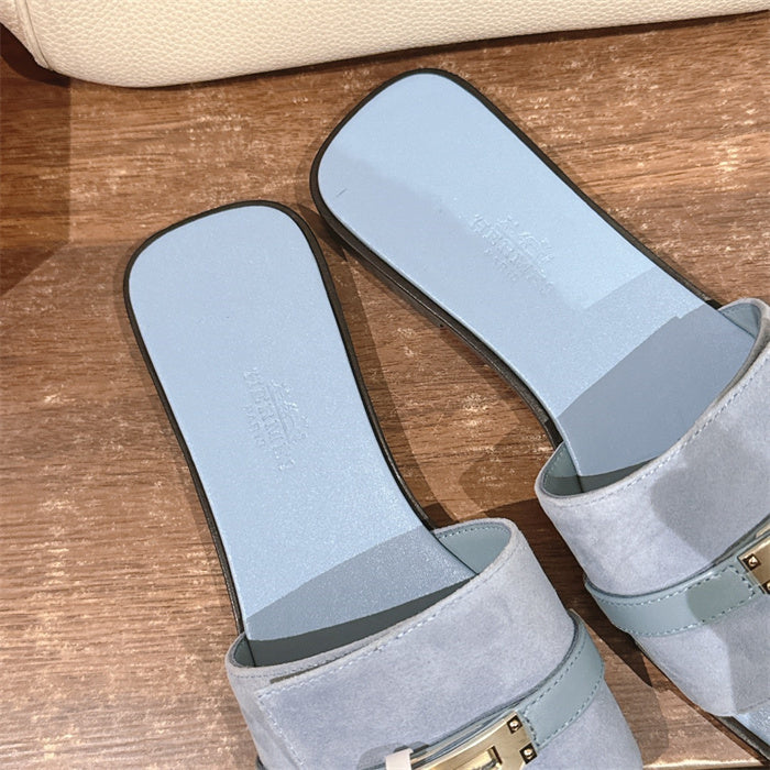 SKY BLUE SUEDE BUCKLE SLIDE SANDALS
