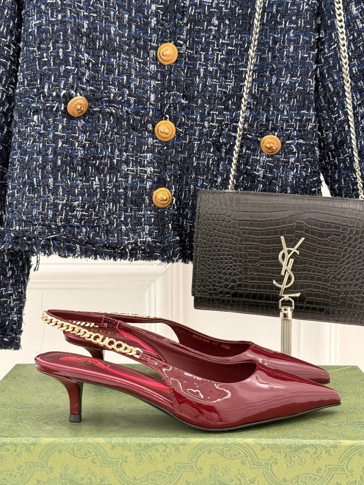 BURGUNDY PATENT CHAIN SLINGBACK HEELS