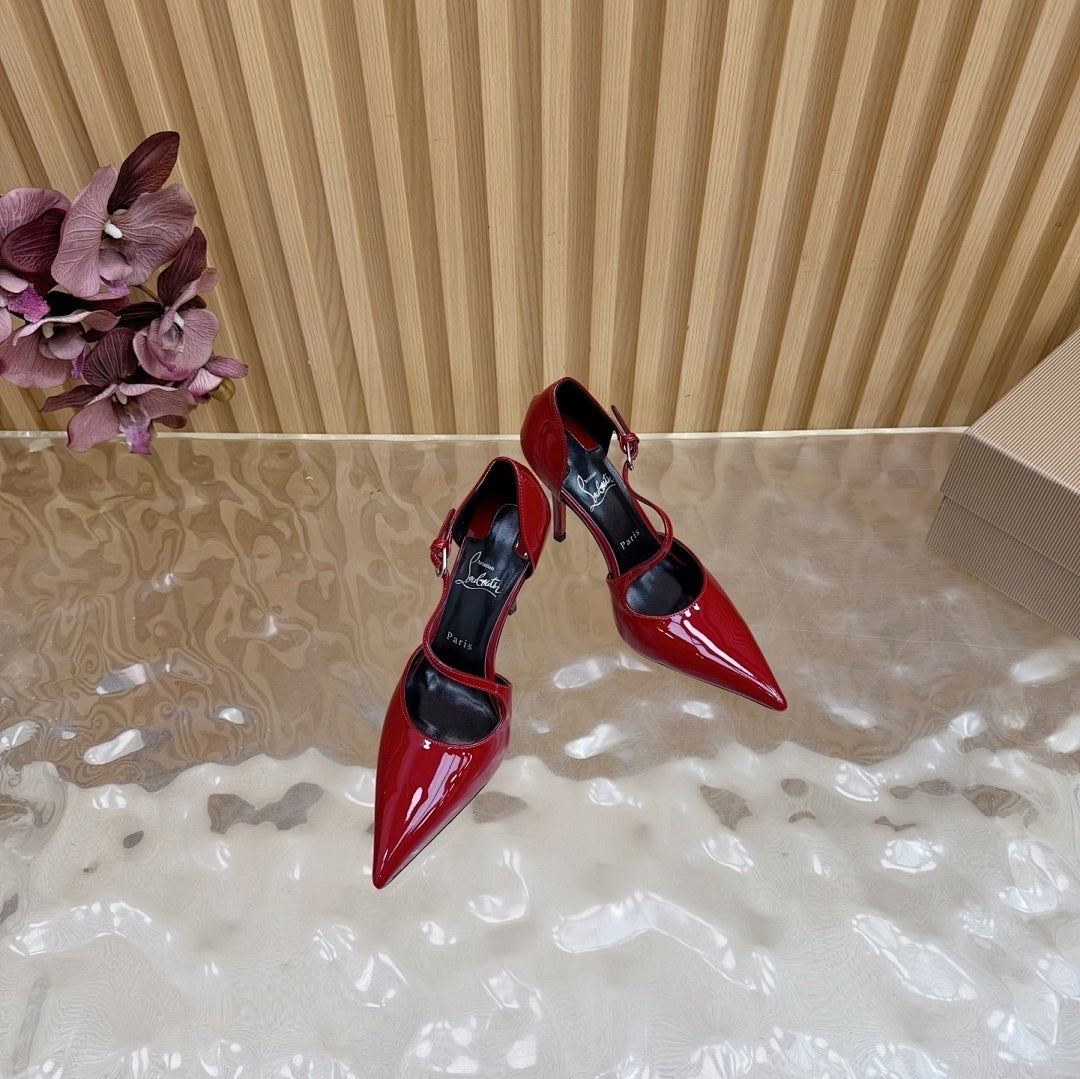 RED PATENT STRAP POINTED HEELS