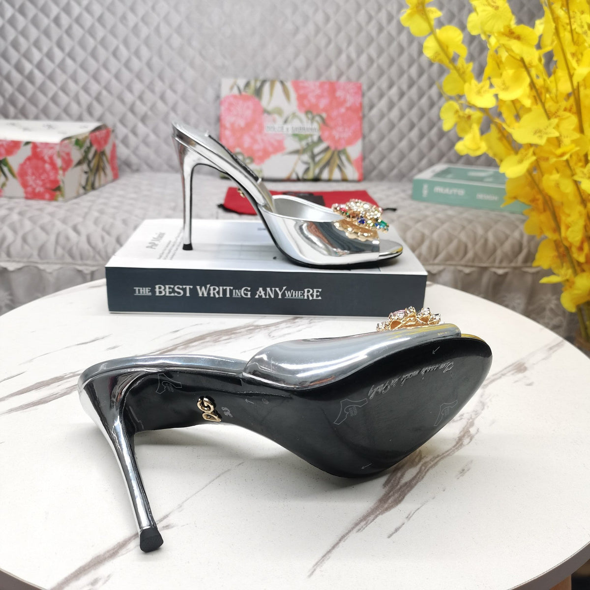 SILVER METALLIC MULE HEEL SANDALS WITH MULTICOLOR CRYSTAL EMBELLISHMENT