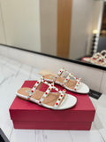 STUDDED STRAP FLAT SANDALS – WHITE WITH RED ACCENTS