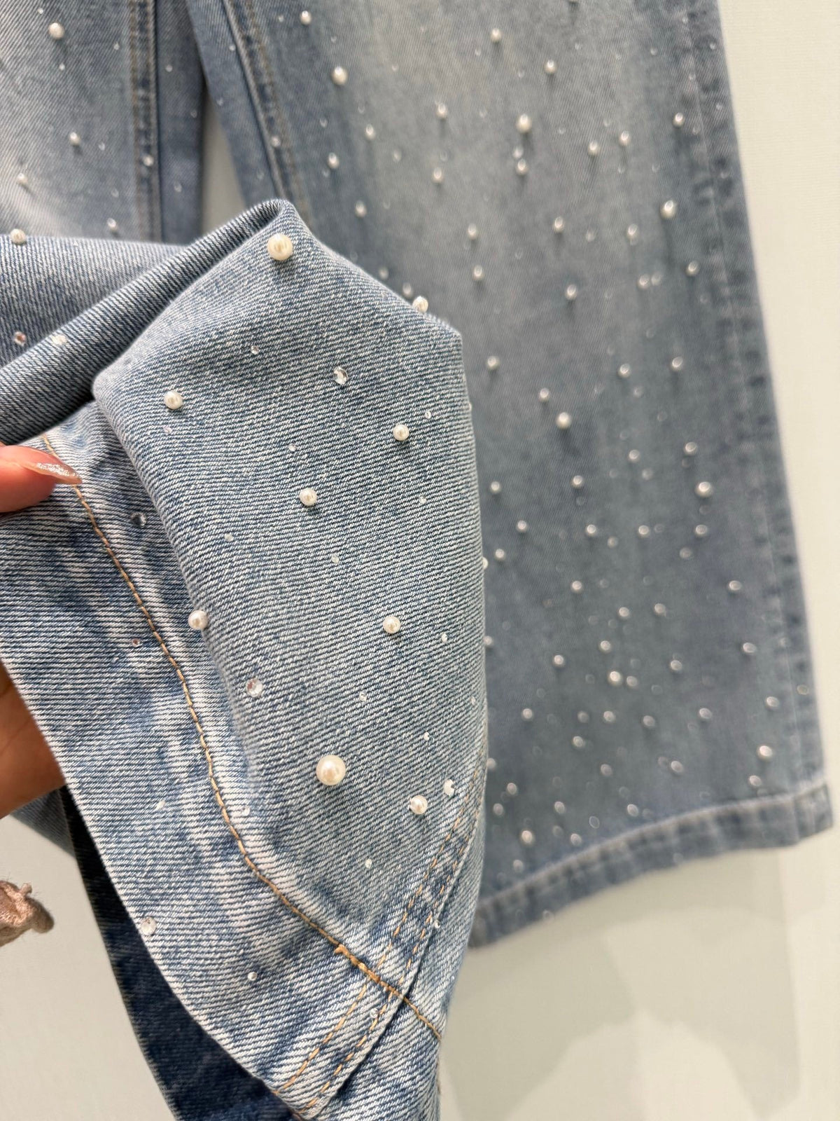 PEARL EMBELLISHED WIDE LEG DENIM JEANS