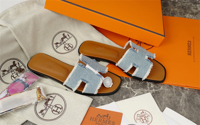FRINGED DENIM H-STRAP SLIDE SANDALS