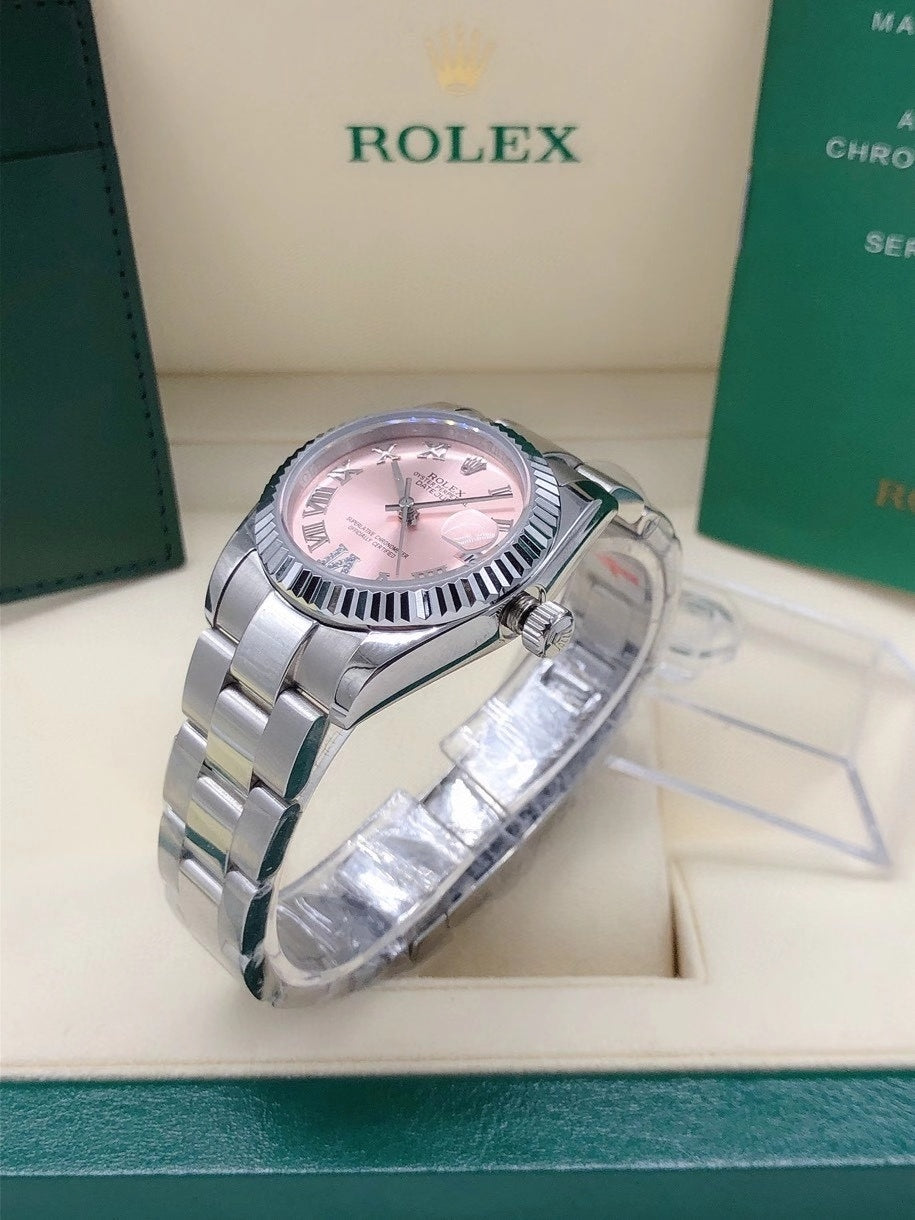 PINK DIAL STAINLESS STEEL DATE WATCH WITH FLUTED BEZEL