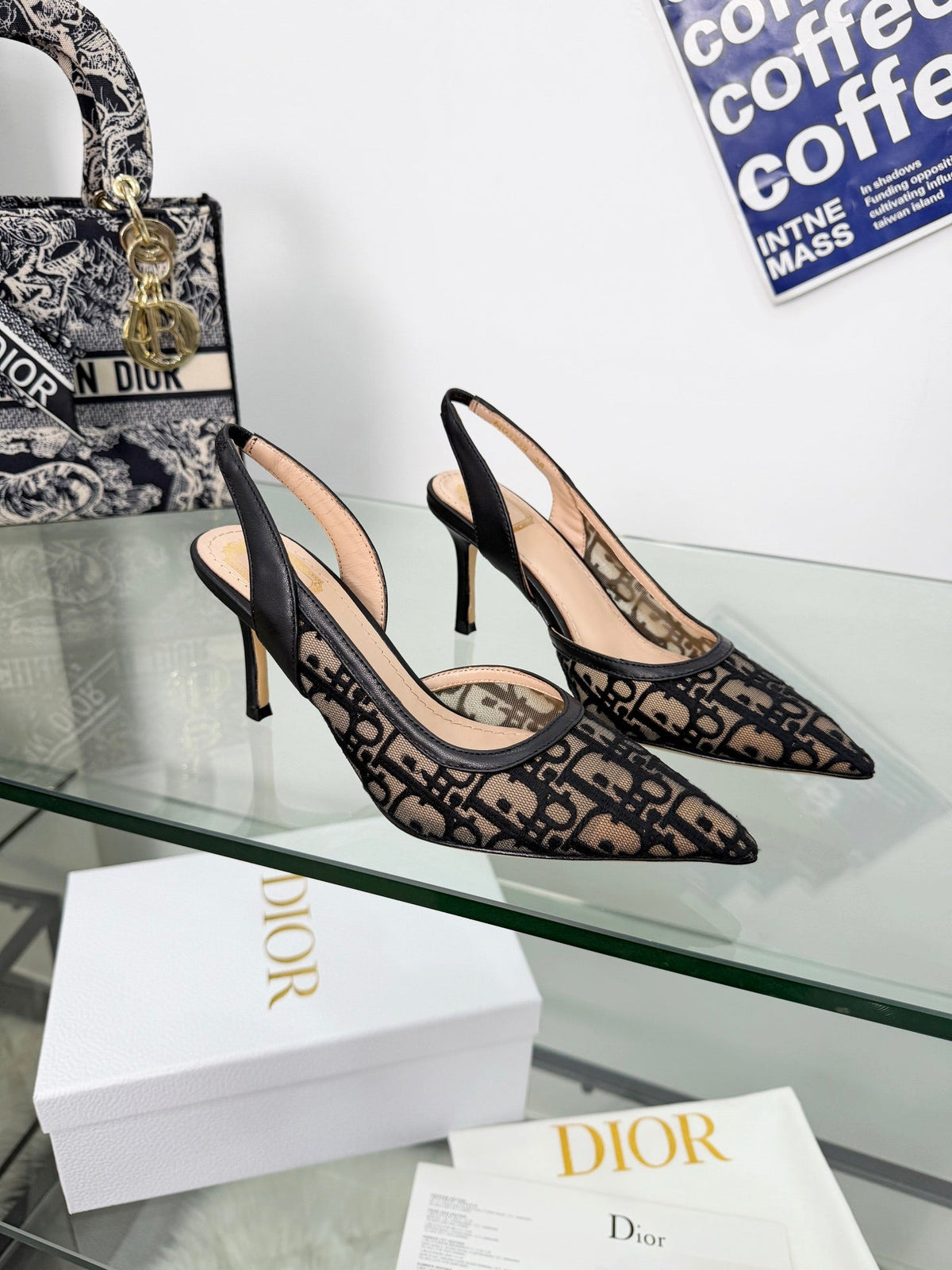 MONOGRAM MESH SLINGBACK POINTED-TOE HEELS
