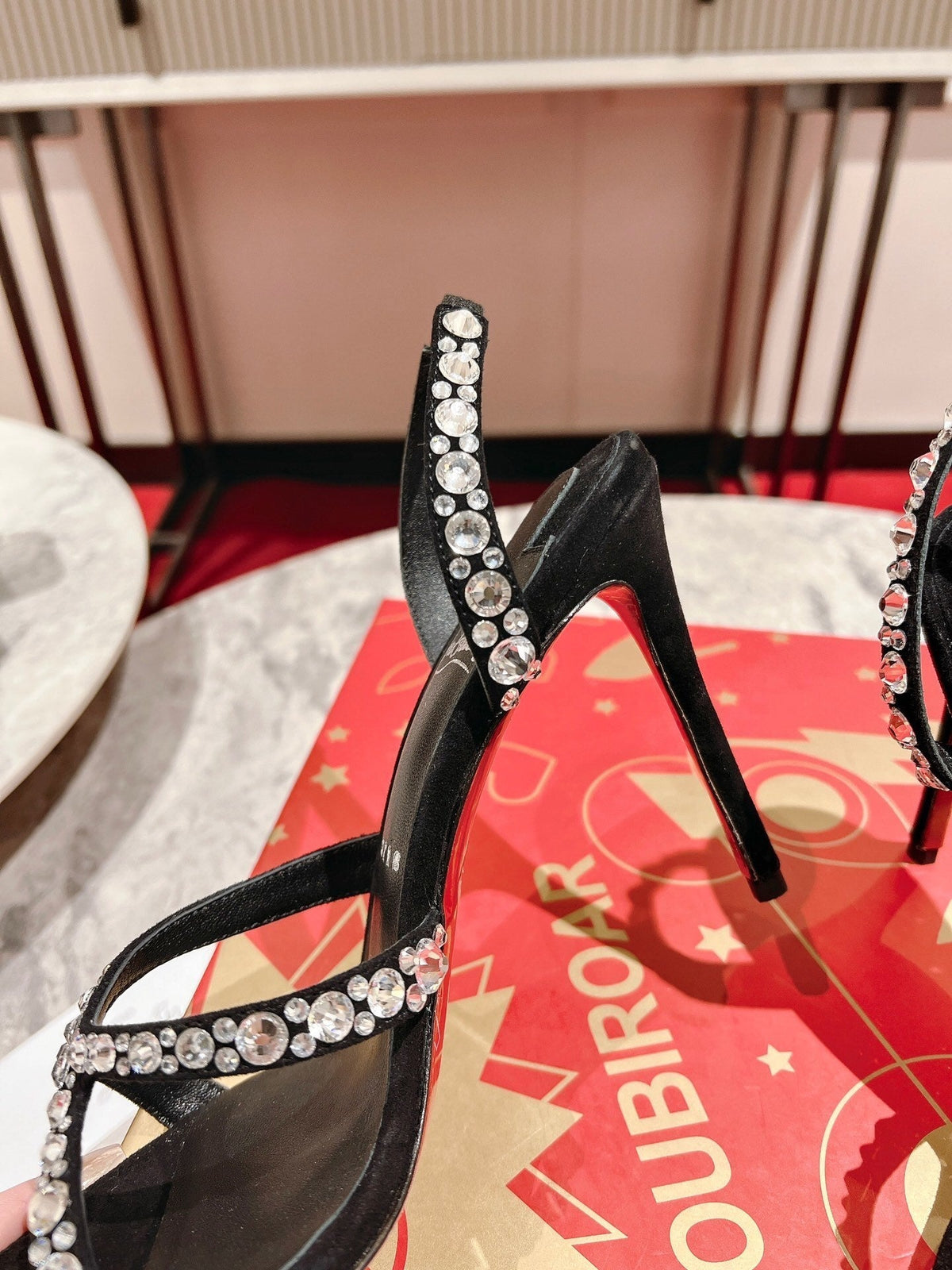 BLACK CRYSTAL-STRAP SANDAL HEELS