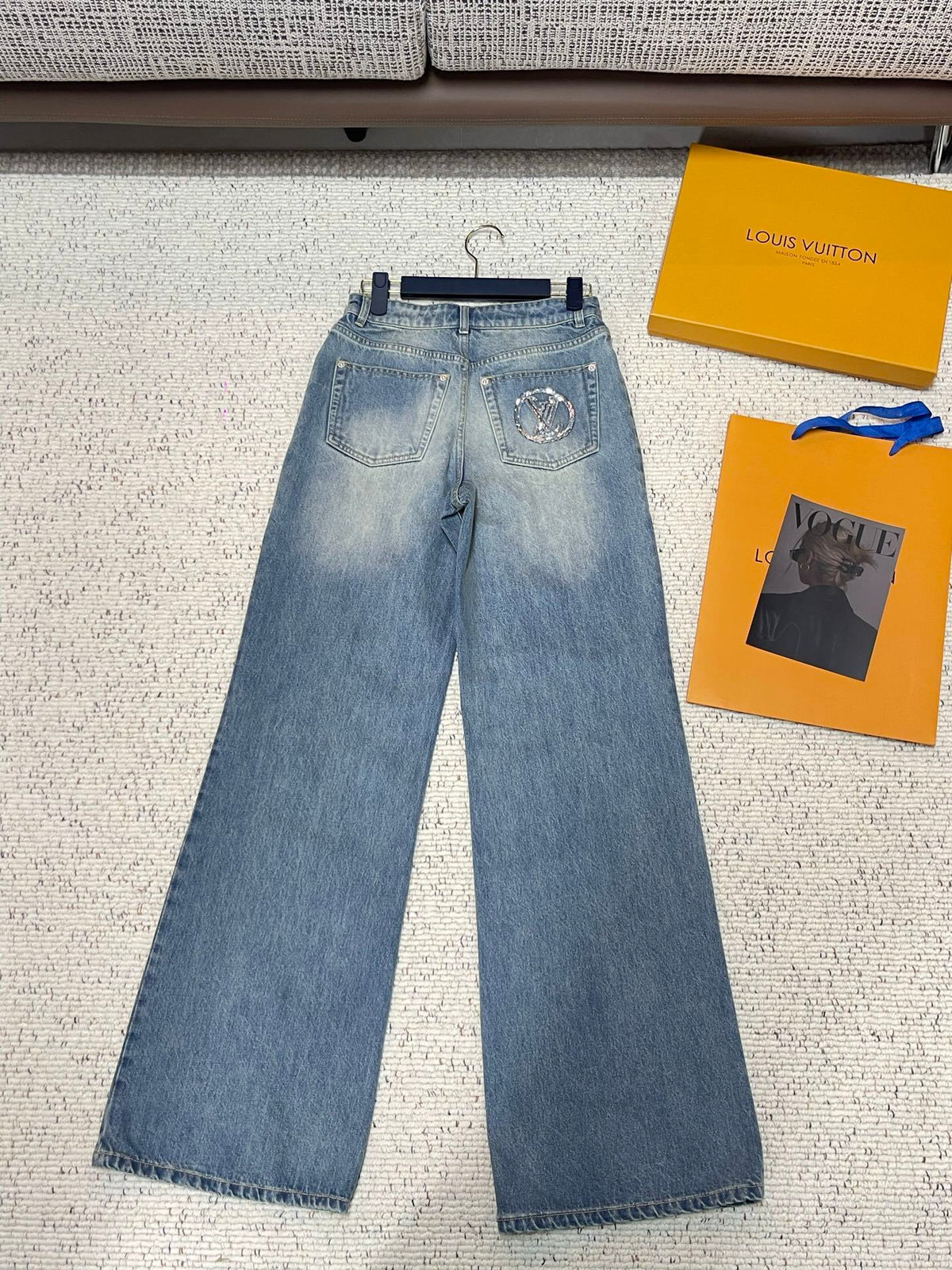EMBELLISHED LOGO STRAIGHT LEG DENIM JEANS