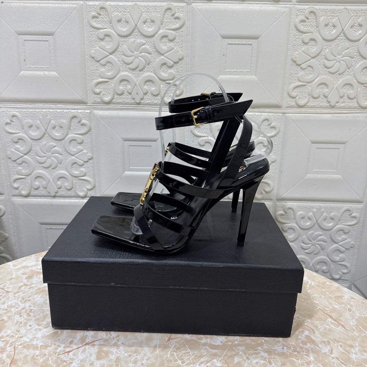 PATENT MULTI-STRAP STATEMENT HEEL SANDALS