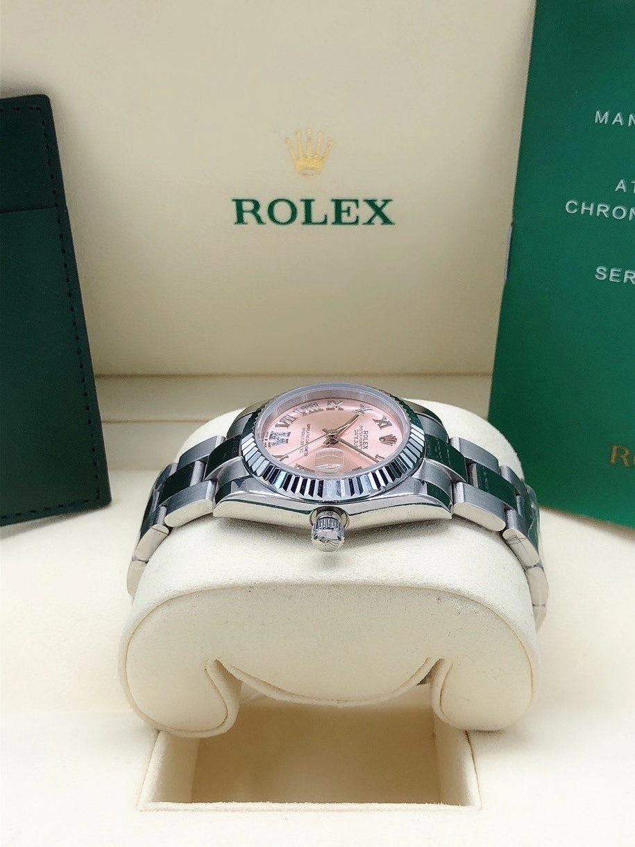 PINK DIAL STAINLESS STEEL DATE WATCH WITH FLUTED BEZEL