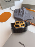 EMBOSSED BLACK LEATHER BELT WITH GOLD-TONE LOGO BUCKLE