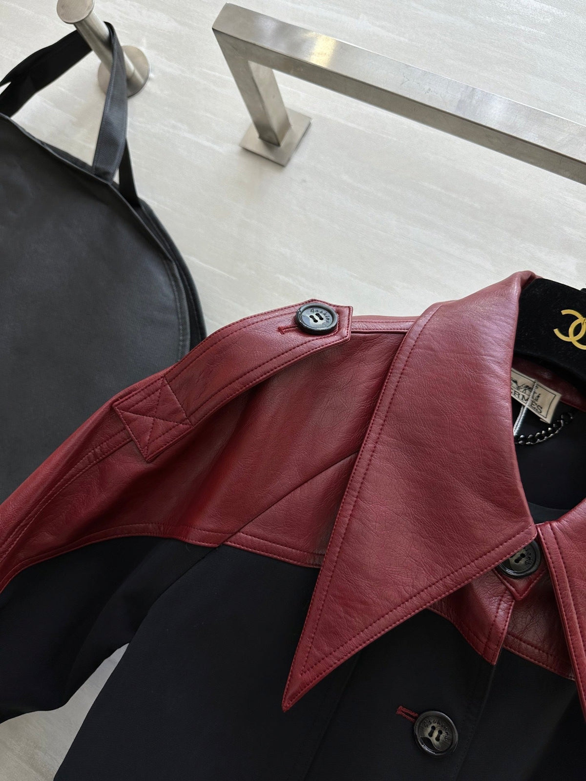 TWO-TONE BELTED LONG COAT WITH LEATHER ACCENTS