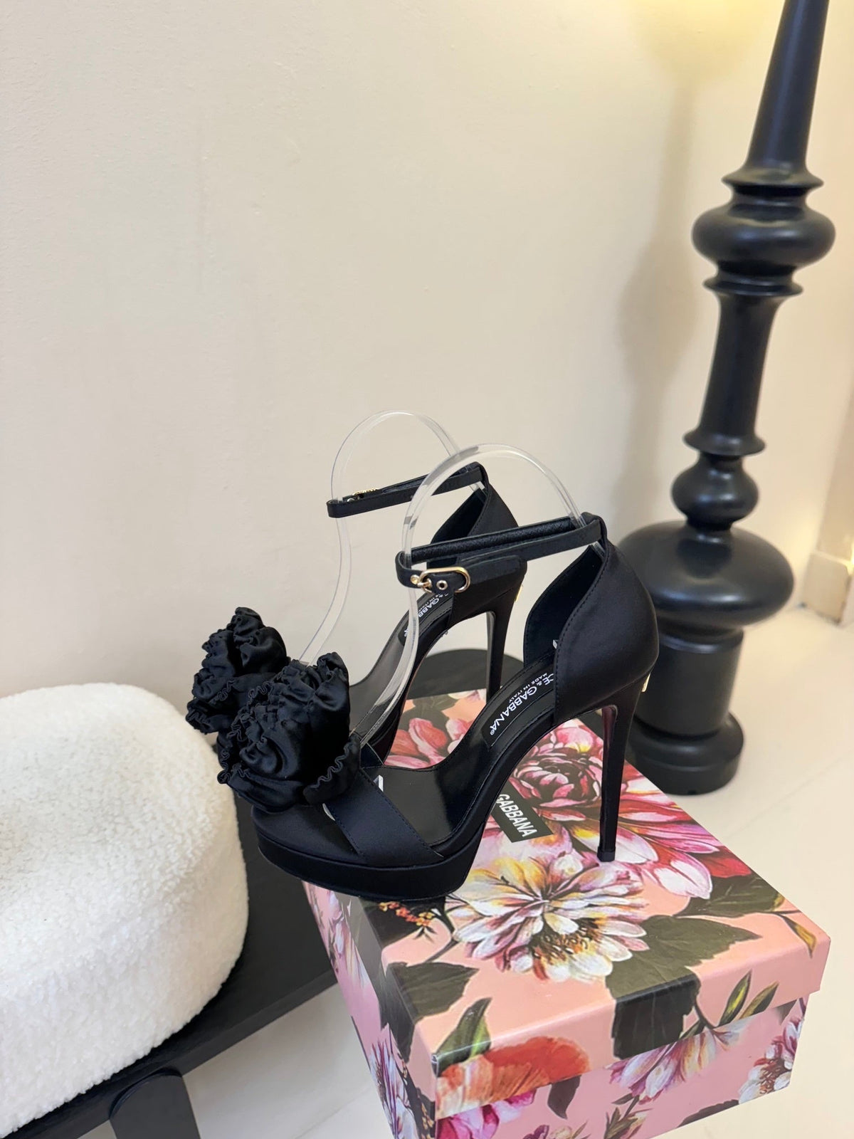 BLACK SATIN ROSETTE STRAPPY STILETTO HEELS