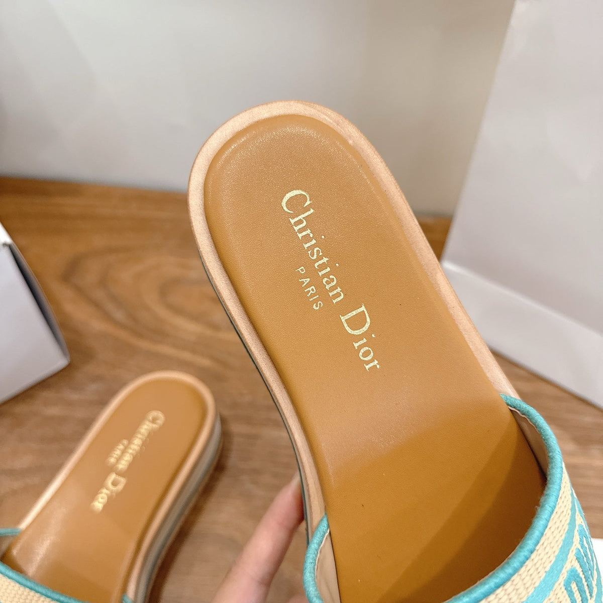 TURQUOISE & BEIGE LOGO STRAP PLATFORM SLIDE SANDALS